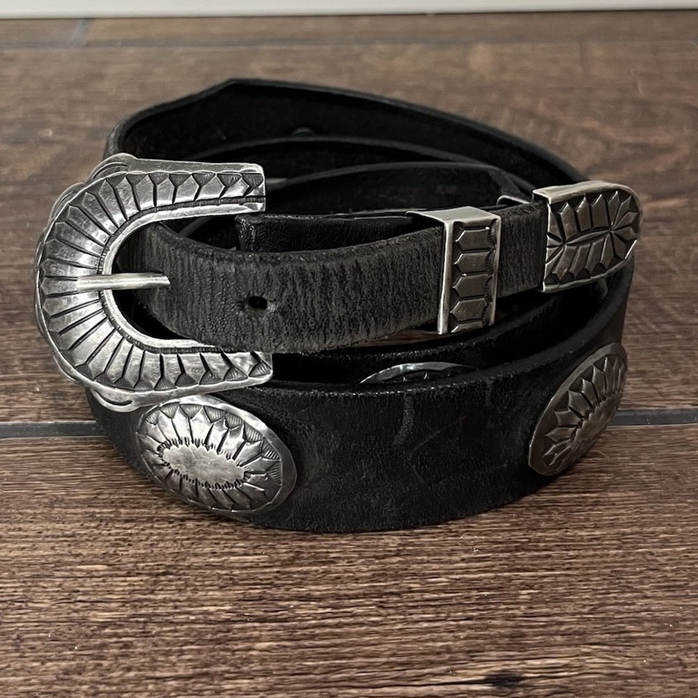 NAVAJO Belt Leather KENNETH BILL STERLING Vtg 4 Piece RANGER SET Concho Black